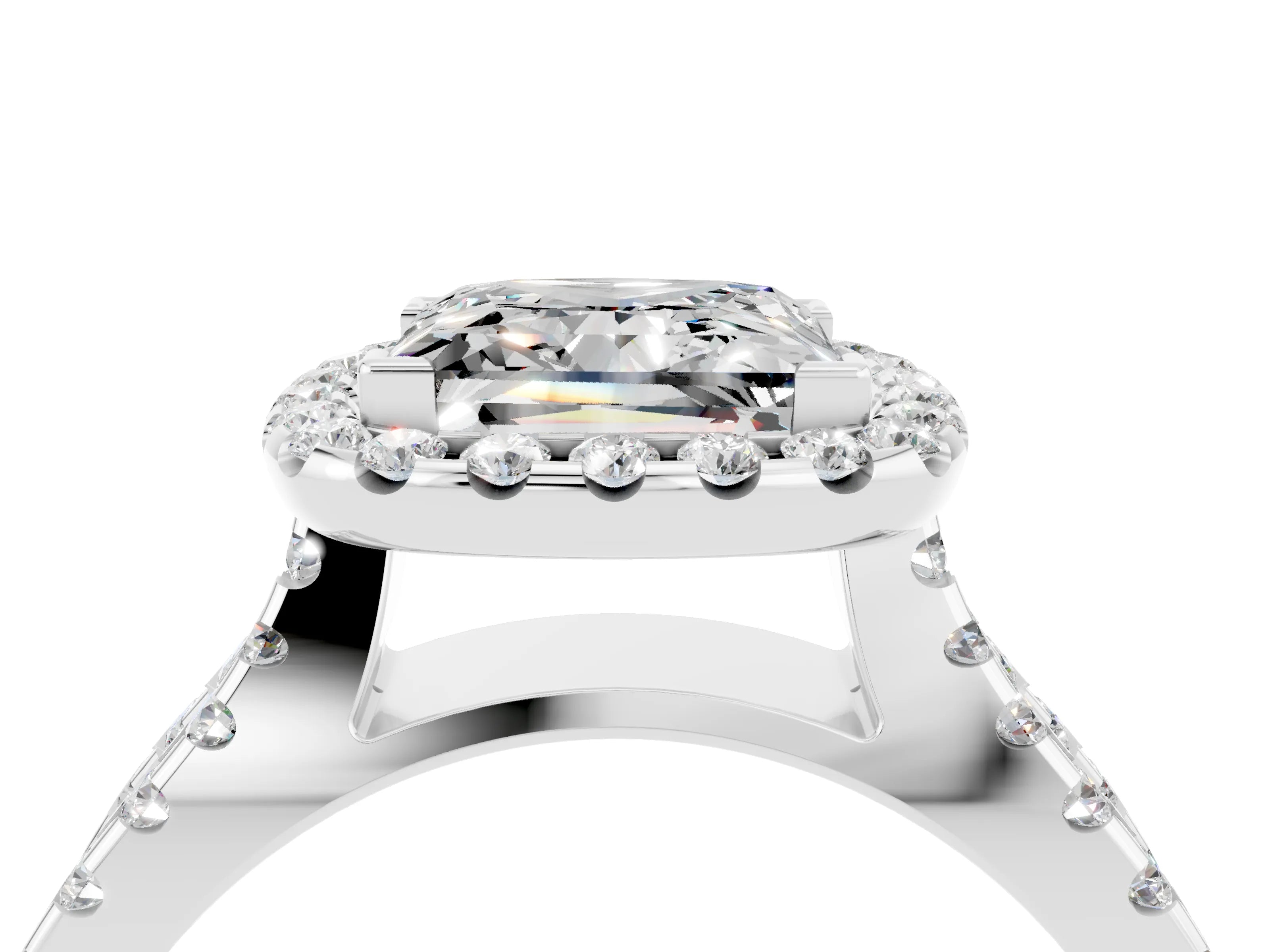 White gold Princess Cut Moissanite Halo Ring with Split Shank Pavé Band and Prong Setting_4