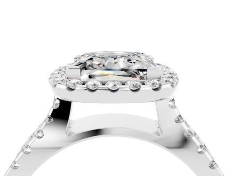 White gold Princess Cut Moissanite Halo Ring with Split Shank Pavé Band and Prong Setting_4