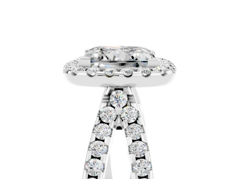 White gold Princess Cut Moissanite Halo Ring with Split Shank Pavé Band and Prong Setting_5