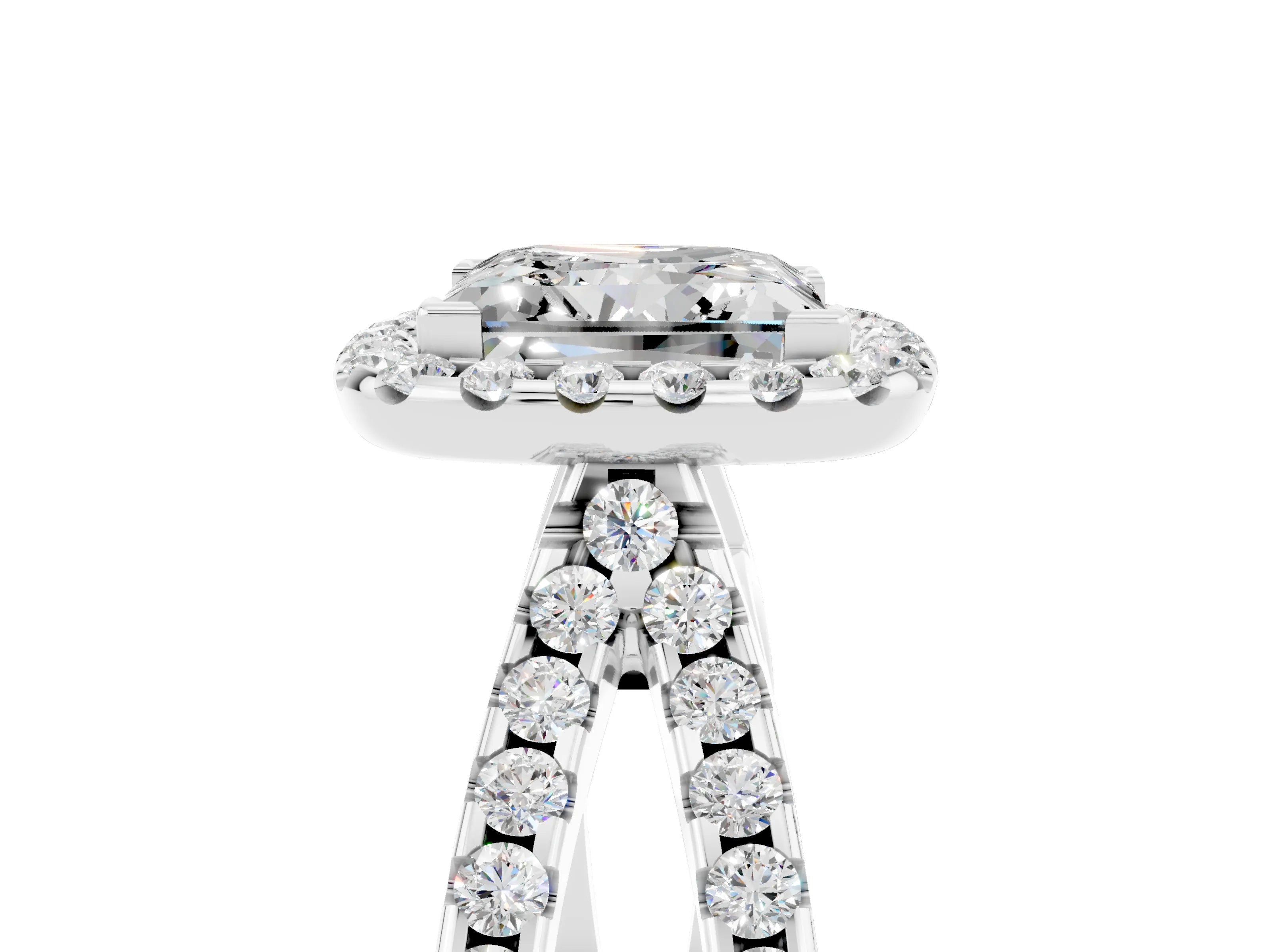 White gold Princess Cut Moissanite Halo Ring with Split Shank Pavé Band and Prong Setting_5