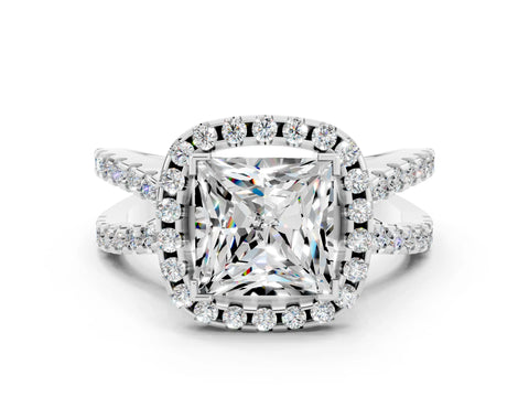 White gold Princess Cut Moissanite Halo Ring with Split Shank Pavé Band and Prong Setting