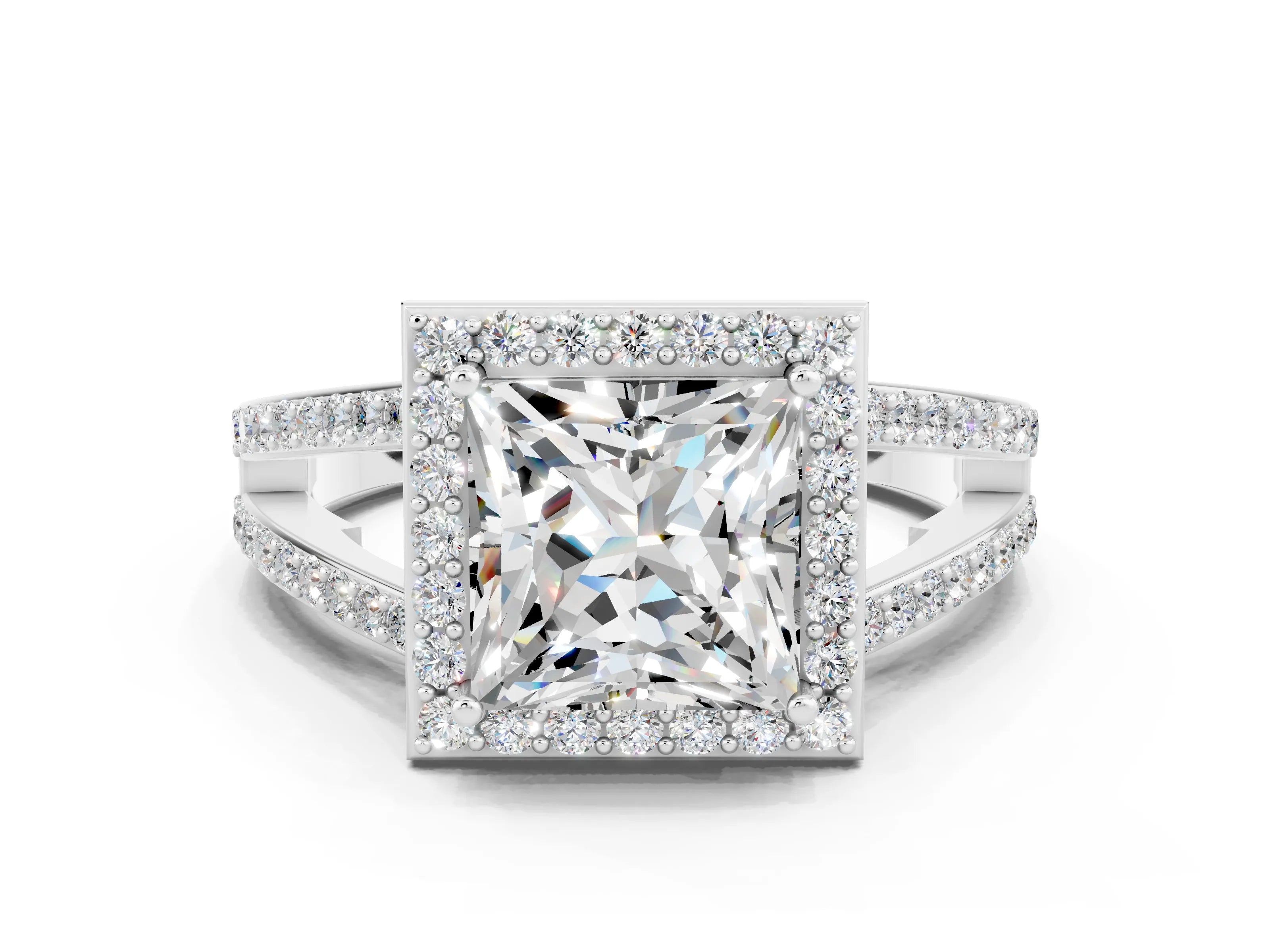 White gold Princess Cut Moissanite Halo Ring with Split Shank U-Prong Band and Four-Prong Setting
