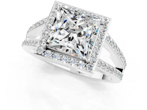 White gold Princess Cut Moissanite Halo Ring with Split Shank U-Prong Band and Four-Prong Setting_1