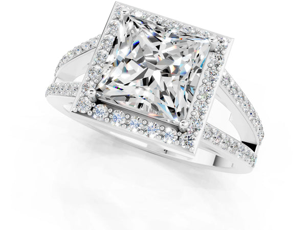 White gold Princess Cut Moissanite Halo Ring with Split Shank U-Prong Band and Four-Prong Setting
