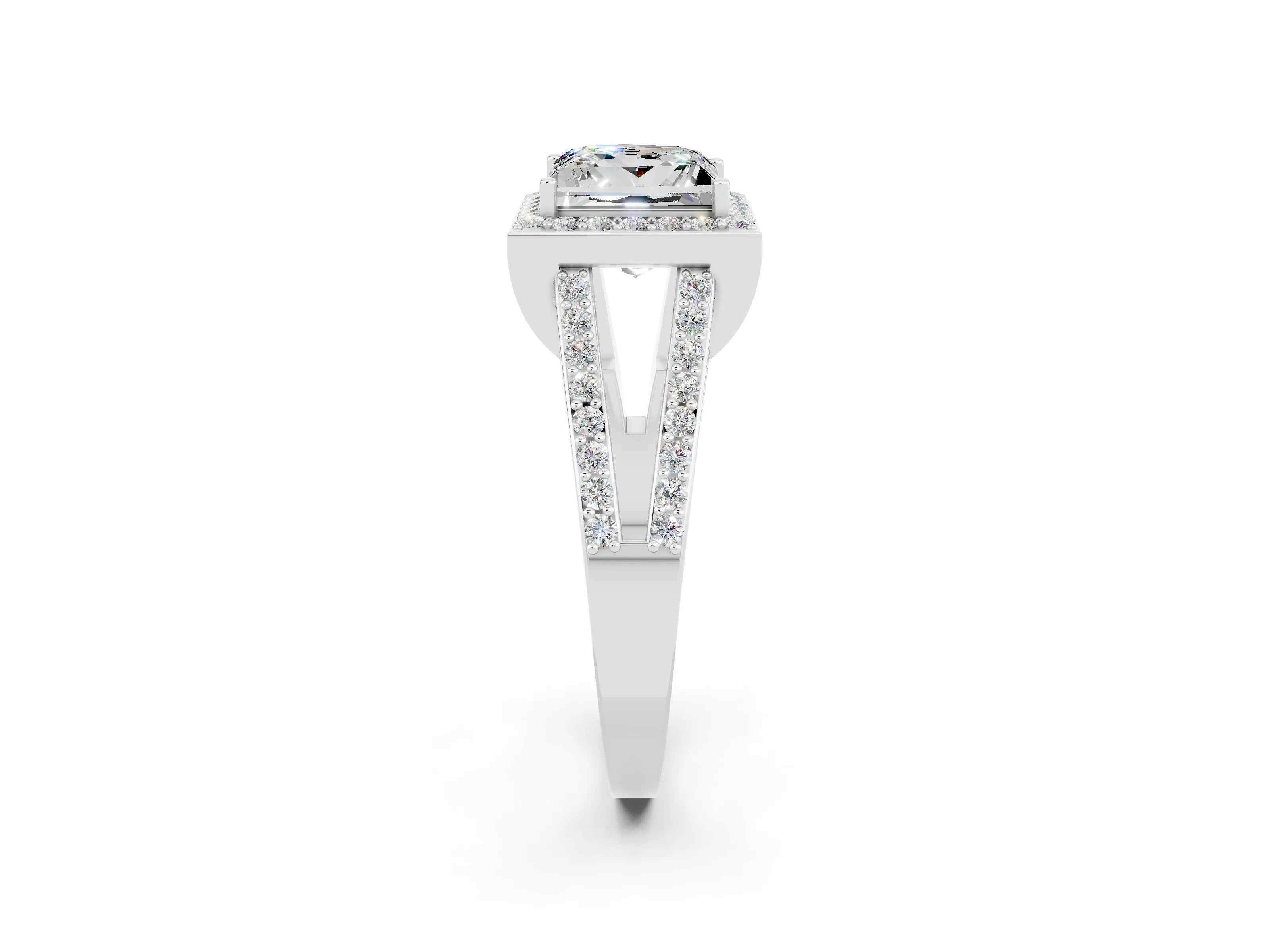 White gold Princess Cut Moissanite Halo Ring with Split Shank U-Prong Band and Four-Prong Setting_2