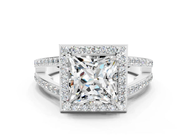 Silver Princess Cut Moissanite Halo Ring with Split Shank U-Prong Band and Four-Prong Setting