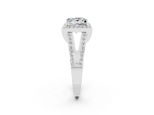 Silver Princess Cut Moissanite Halo Ring with Split Shank U-Prong Band and Four-Prong Setting