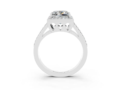 White gold Princess Cut Moissanite Halo Ring with Split Shank U-Prong Band and Four-Prong Setting_3