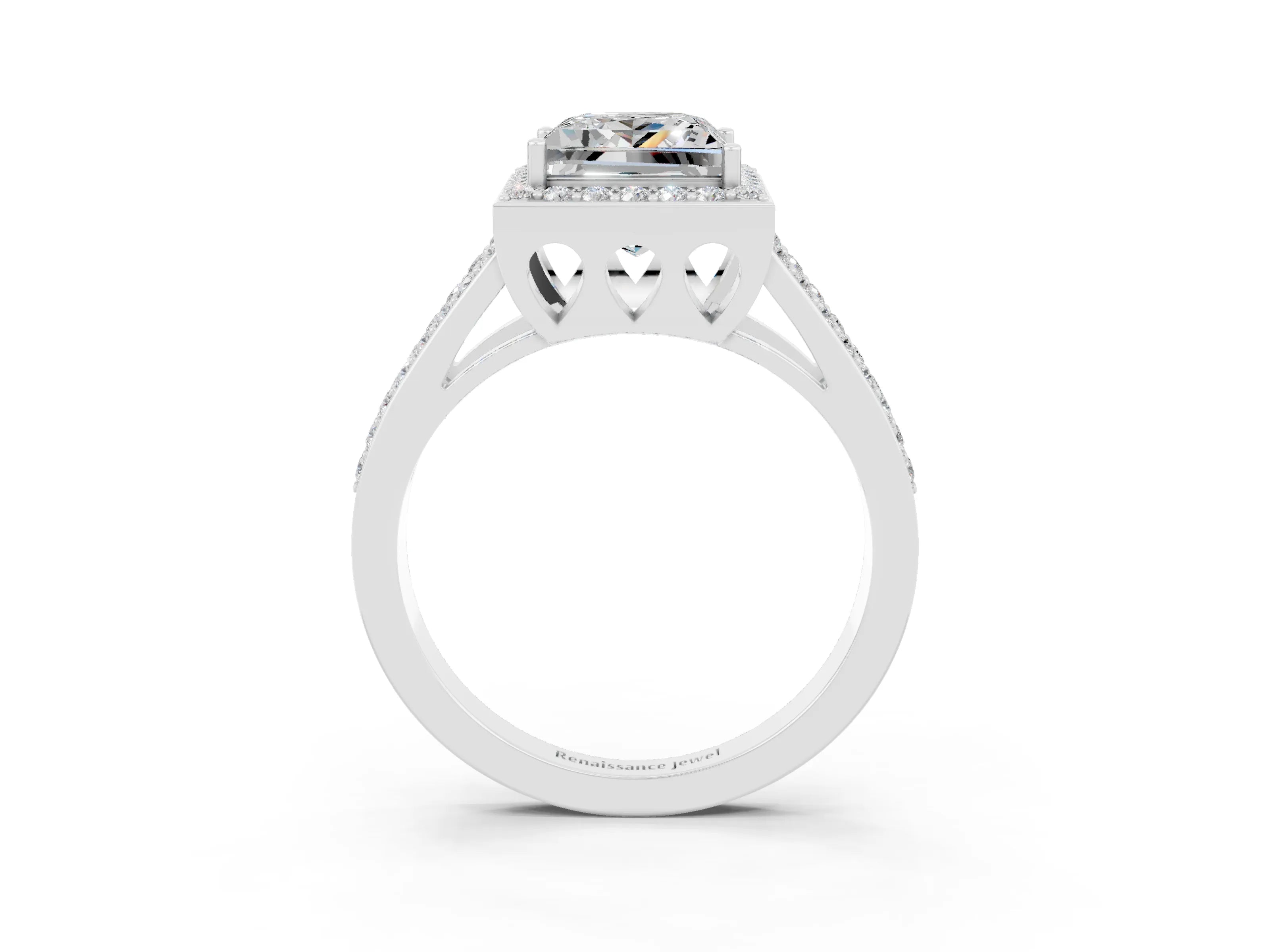 White gold Princess Cut Moissanite Halo Ring with Split Shank U-Prong Band and Four-Prong Setting_3
