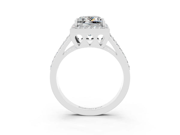 Silver Princess Cut Moissanite Halo Ring with Split Shank U-Prong Band and Four-Prong Setting