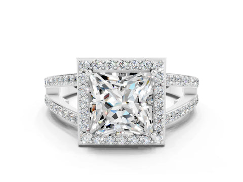 White gold Princess Cut Moissanite Halo Ring with Split Shank U-Prong Band and Four-Prong Setting
