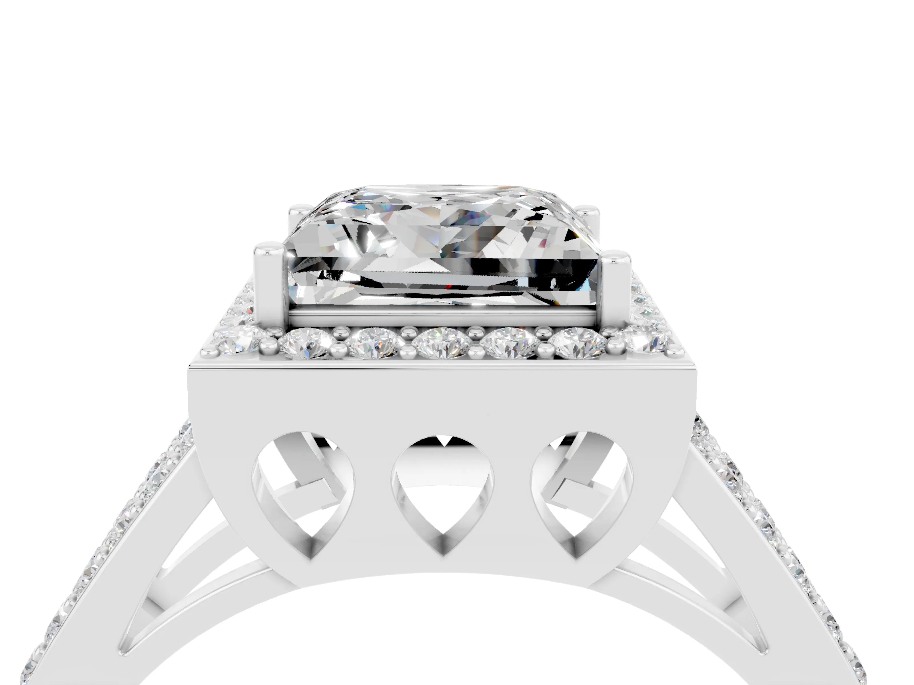 White gold Princess Cut Moissanite Halo Ring with Split Shank U-Prong Band and Four-Prong Setting_4