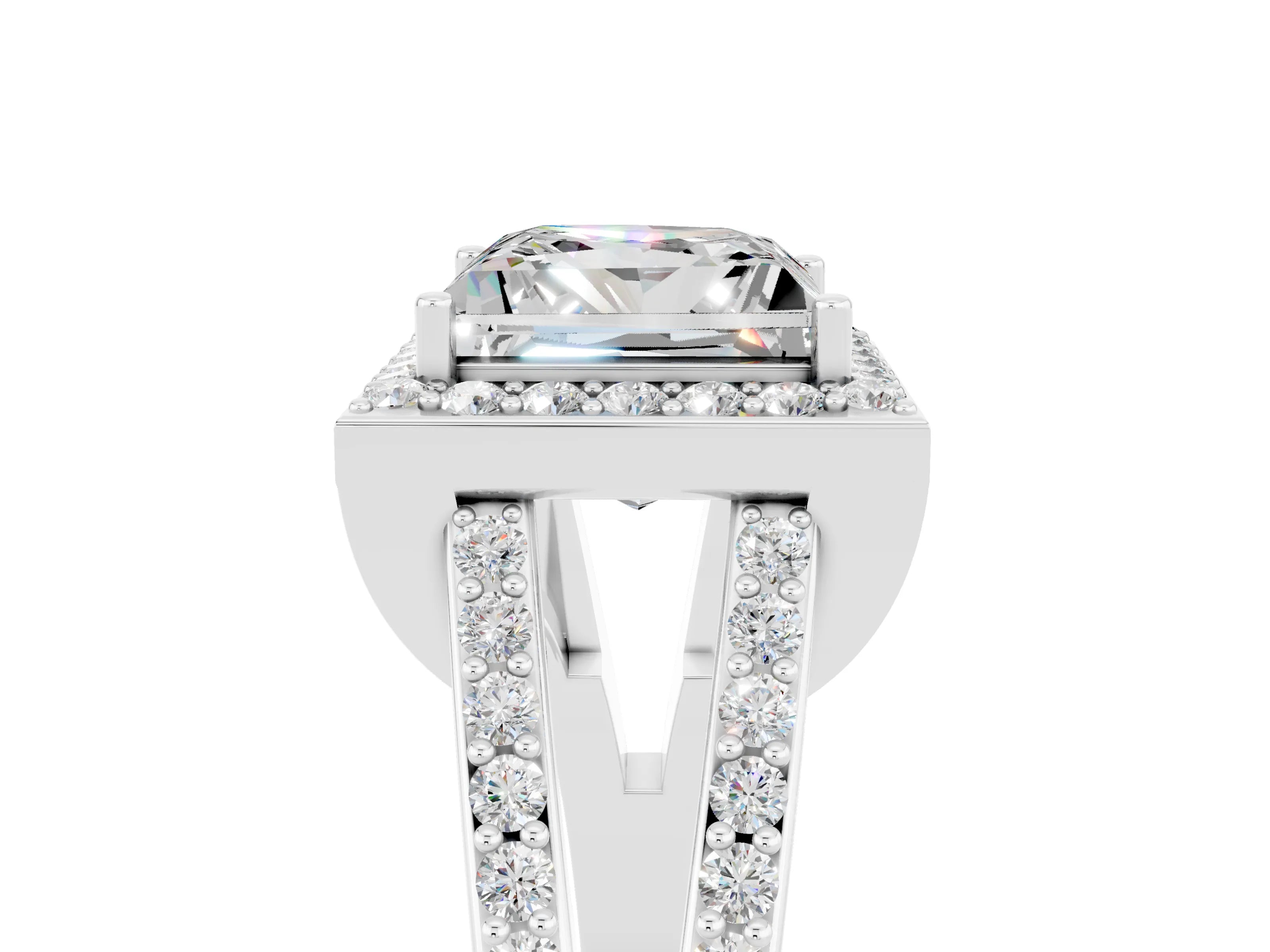 White gold Princess Cut Moissanite Halo Ring with Split Shank U-Prong Band and Four-Prong Setting_5