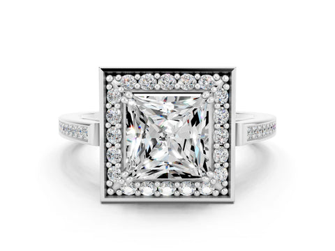 White gold Princess Cut Moissanite Halo Ring with Split Shank and Four-Prong Setting_12