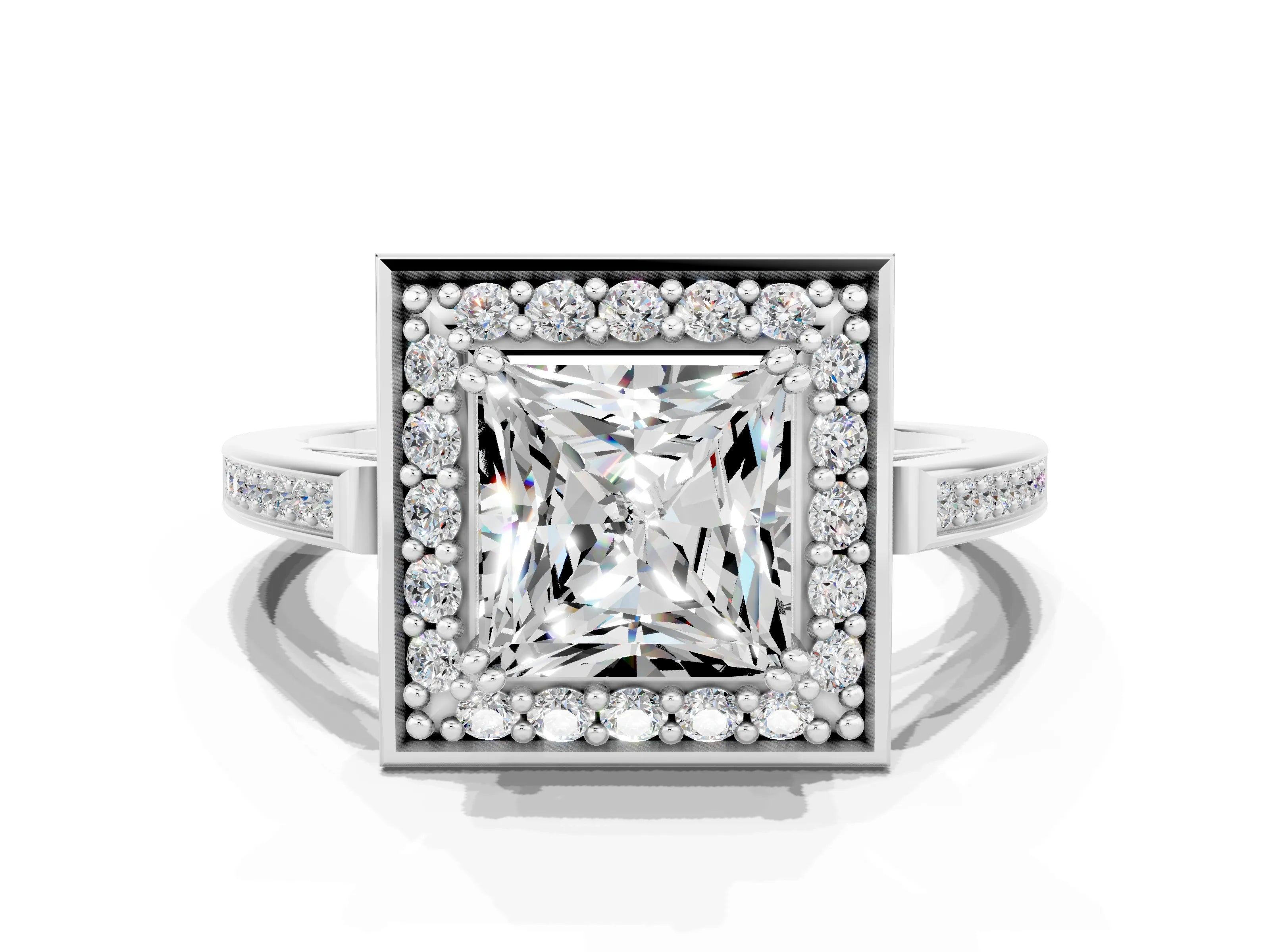 White gold Princess Cut Moissanite Halo Ring with Split Shank and Four-Prong Setting_20