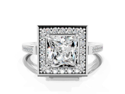 White gold Princess Cut Moissanite Halo Ring with Split Shank and Four-Prong Setting_24