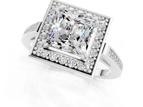 White gold Princess Cut Moissanite Halo Ring with Split Shank and Four-Prong Setting_25