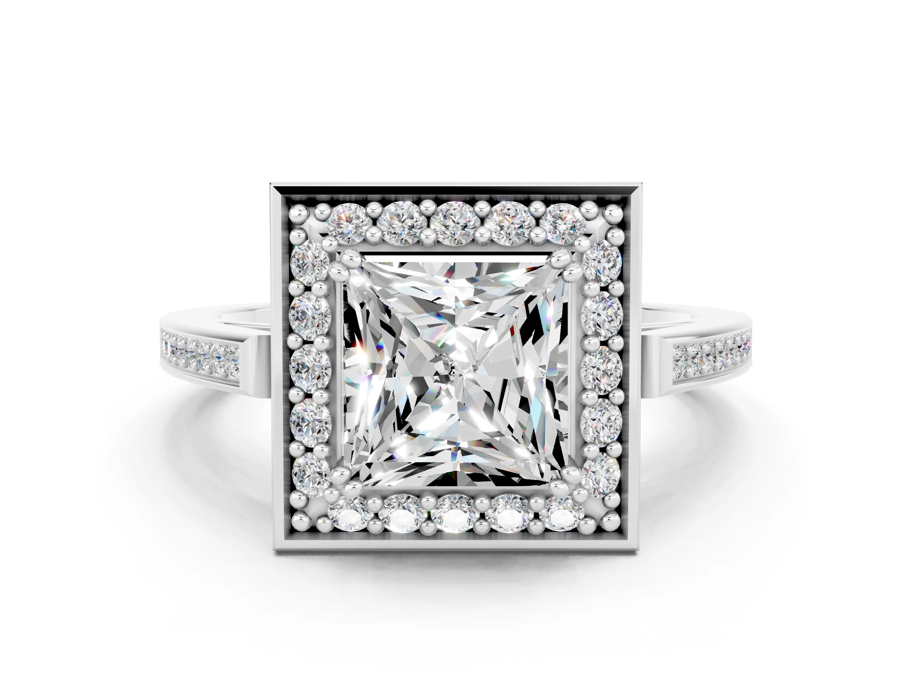 White gold Princess Cut Moissanite Halo Ring with Split Shank and Four-Prong Setting_30