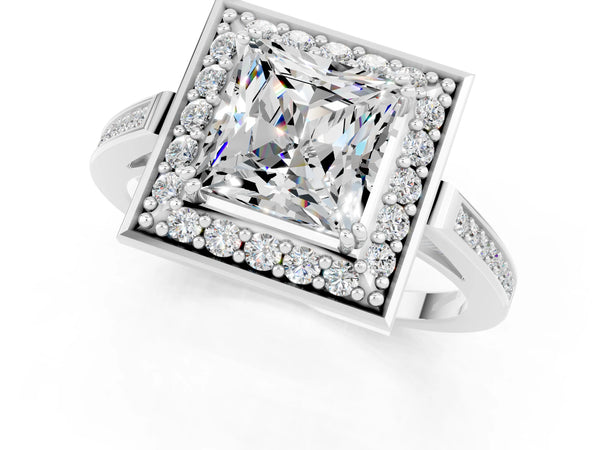 White gold Princess Cut Moissanite Halo Ring with Split Shank and Four-Prong Setting