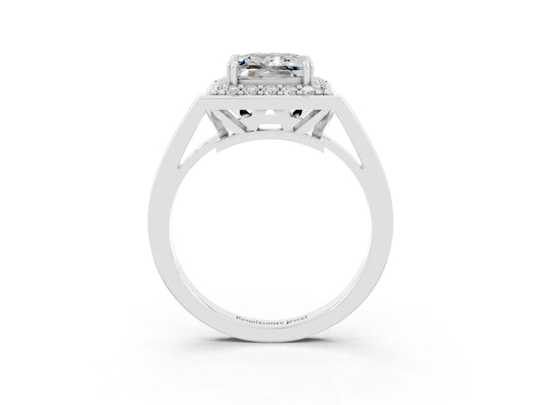 White gold Princess Cut Moissanite Halo Ring with Split Shank and Four-Prong Setting