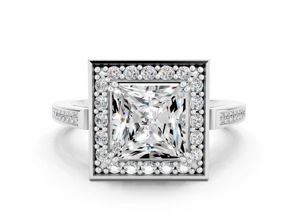Silver Princess Cut Moissanite Halo Ring with Split Shank and Four-Prong Setting