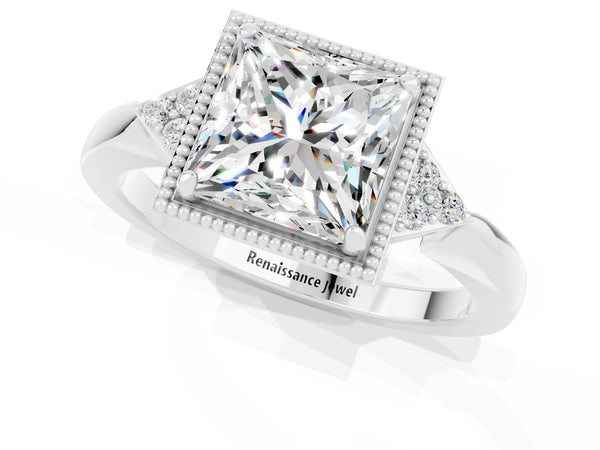 White gold Princess Cut Moissanite Halo Ring with Tapered Band and Four-Prong Setting
