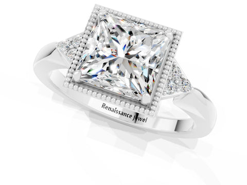 White gold Princess Cut Moissanite Halo Ring with Tapered Band and Four-Prong Setting_1