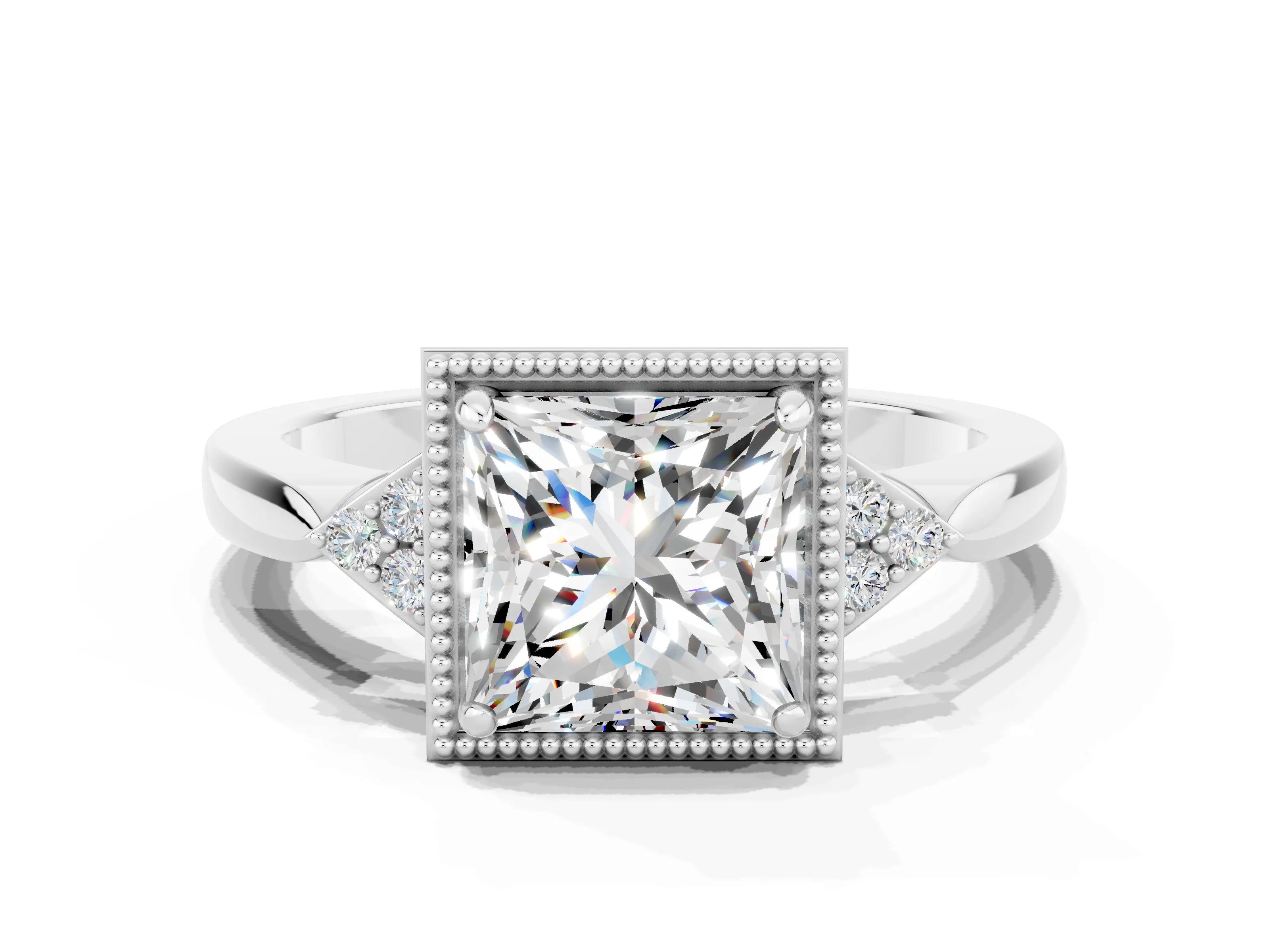 White gold Princess Cut Moissanite Halo Ring with Tapered Band and Four-Prong Setting