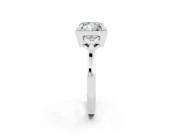Platinum Princess Cut Moissanite Halo Ring with Tapered Band and Four-Prong Setting