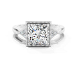 White gold Princess Cut Moissanite Halo Ring with Tapered Band and Four-Prong Setting