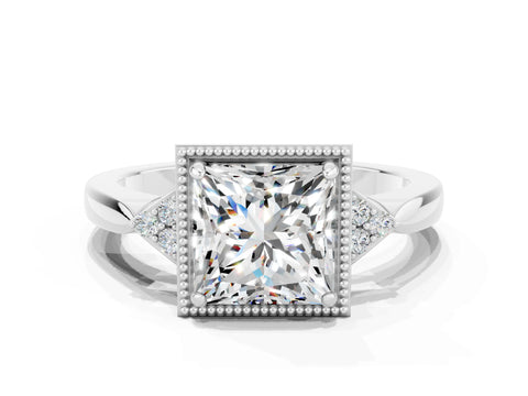 White gold Princess Cut Moissanite Halo Ring with Tapered Band and Four-Prong Setting