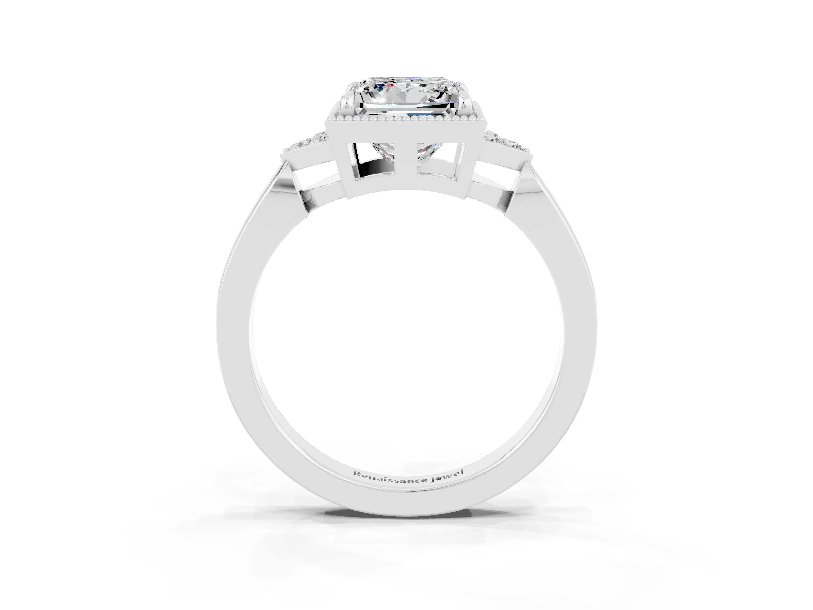 White gold Princess Cut Moissanite Halo Ring with Tapered Band and Four-Prong Setting_3