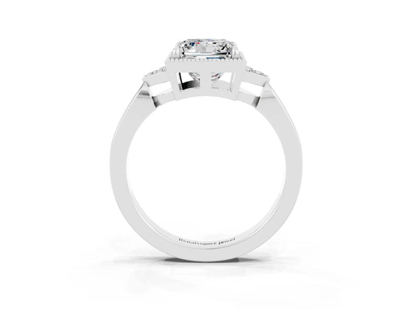 Silver Princess Cut Moissanite Halo Ring with Tapered Band and Four-Prong Setting