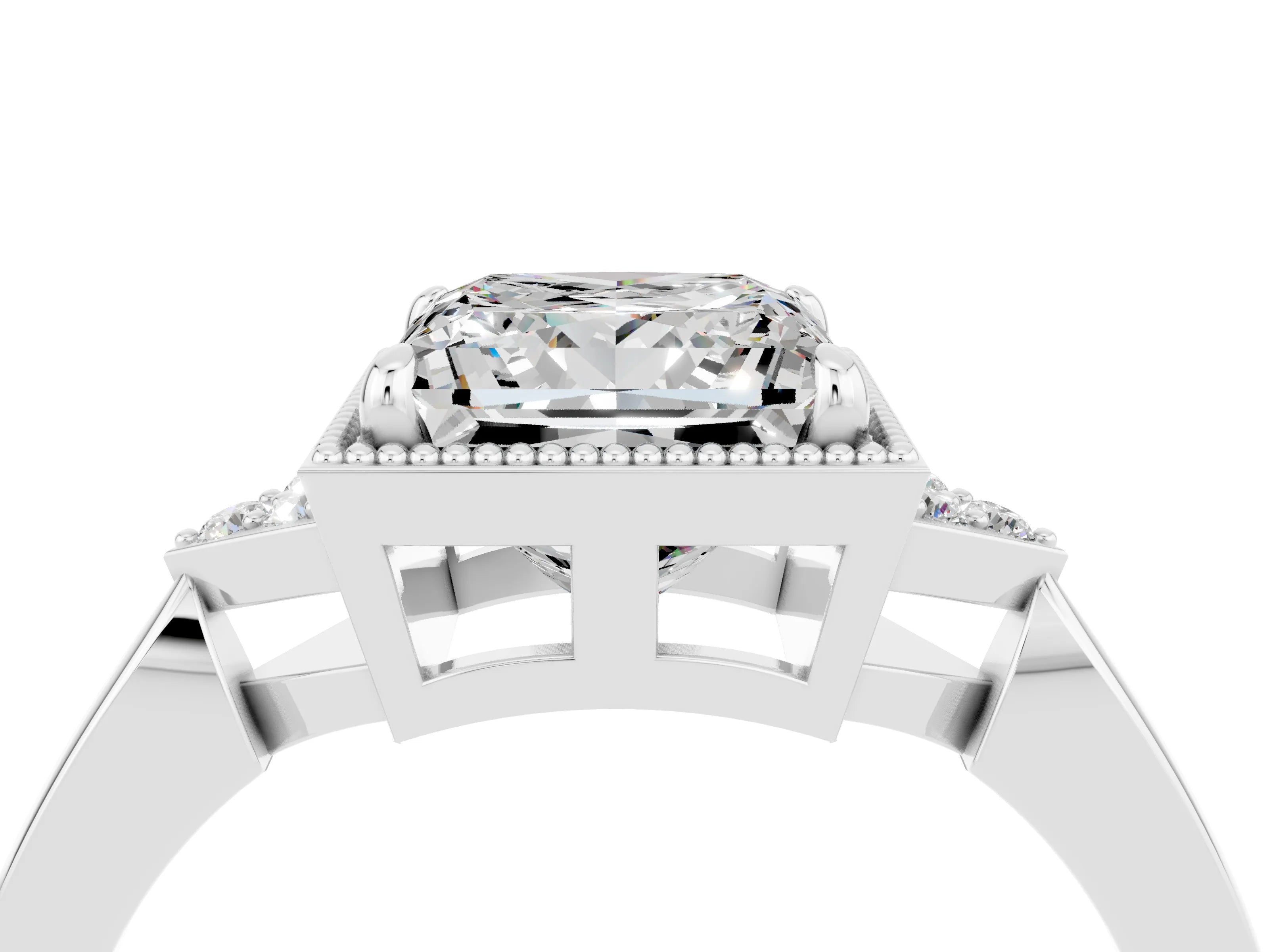 White gold Princess Cut Moissanite Halo Ring with Tapered Band and Four-Prong Setting_4