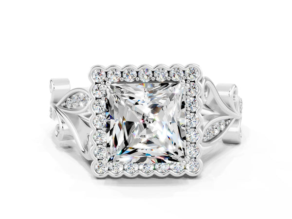 Platinum Princess Cut Moissanite Halo Ring with Vintage Split Shank and Four-Prong Setting