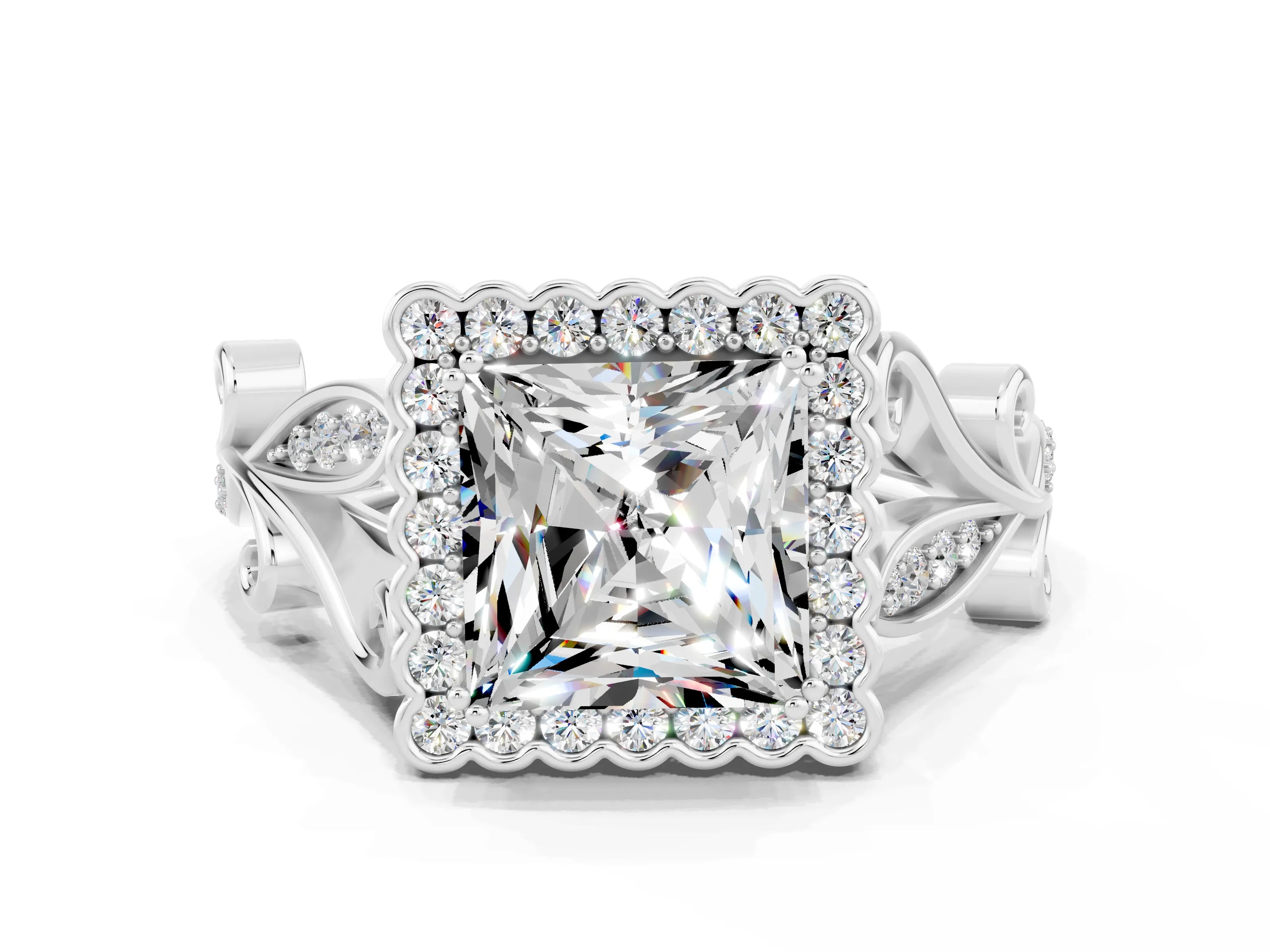 White gold Princess Cut Moissanite Halo Ring with Vintage Split Shank and Four-Prong Setting_24