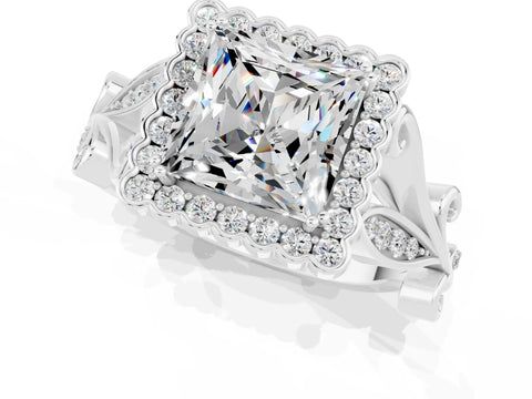 White gold Princess Cut Moissanite Halo Ring with Vintage Split Shank and Four-Prong Setting_25