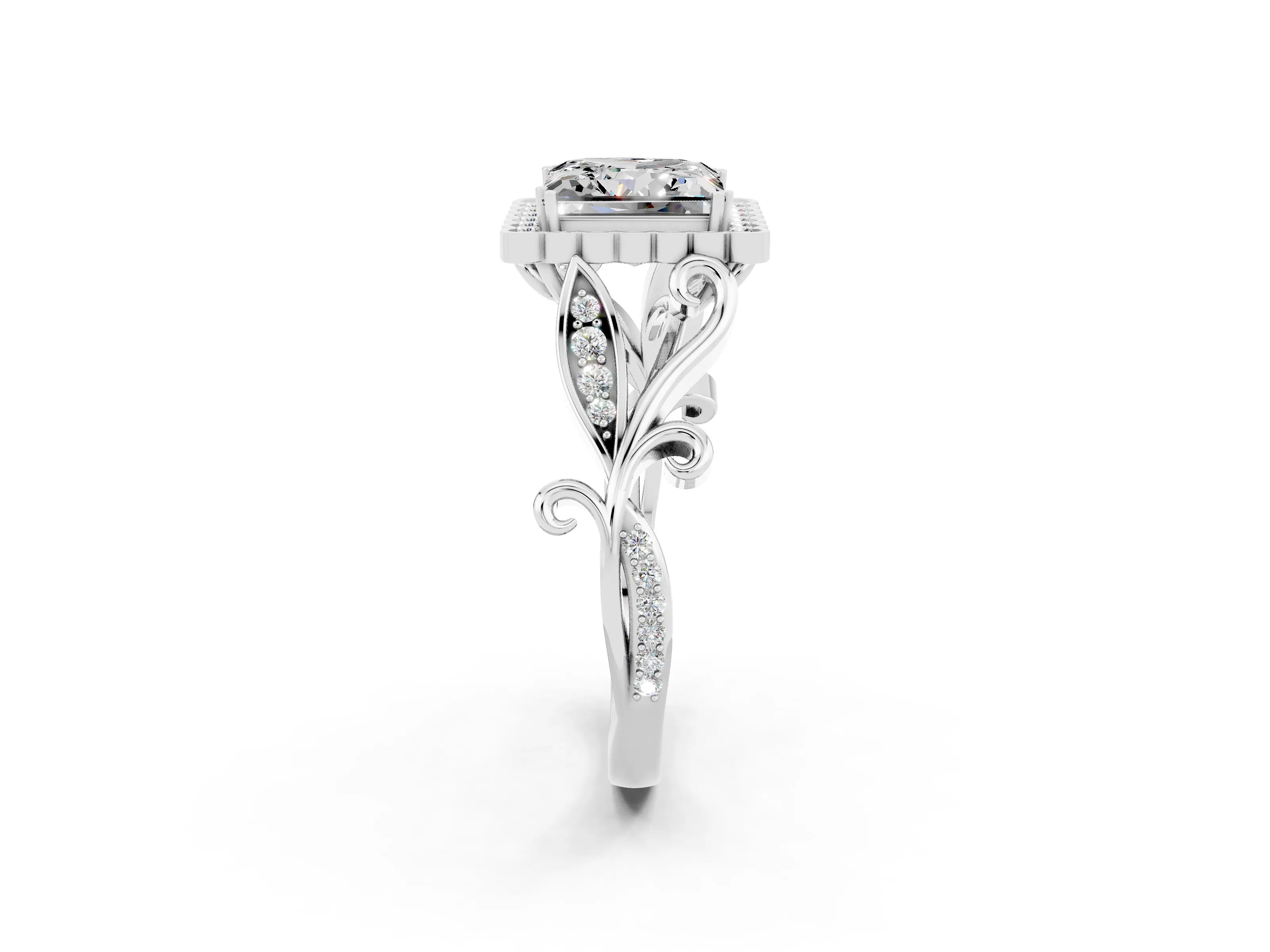 White gold Princess Cut Moissanite Halo Ring with Vintage Split Shank and Four-Prong Setting_26