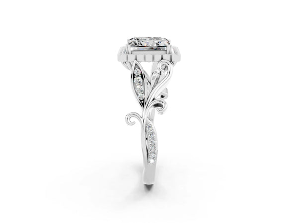White gold Princess Cut Moissanite Halo Ring with Vintage Split Shank and Four-Prong Setting