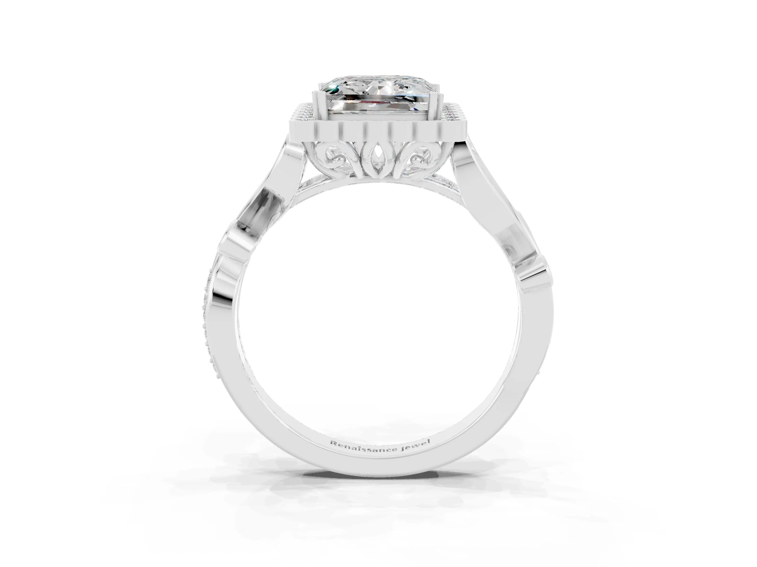 White gold Princess Cut Moissanite Halo Ring with Vintage Split Shank and Four-Prong Setting_27