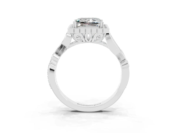 Platinum Princess Cut Moissanite Halo Ring with Vintage Split Shank and Four-Prong Setting