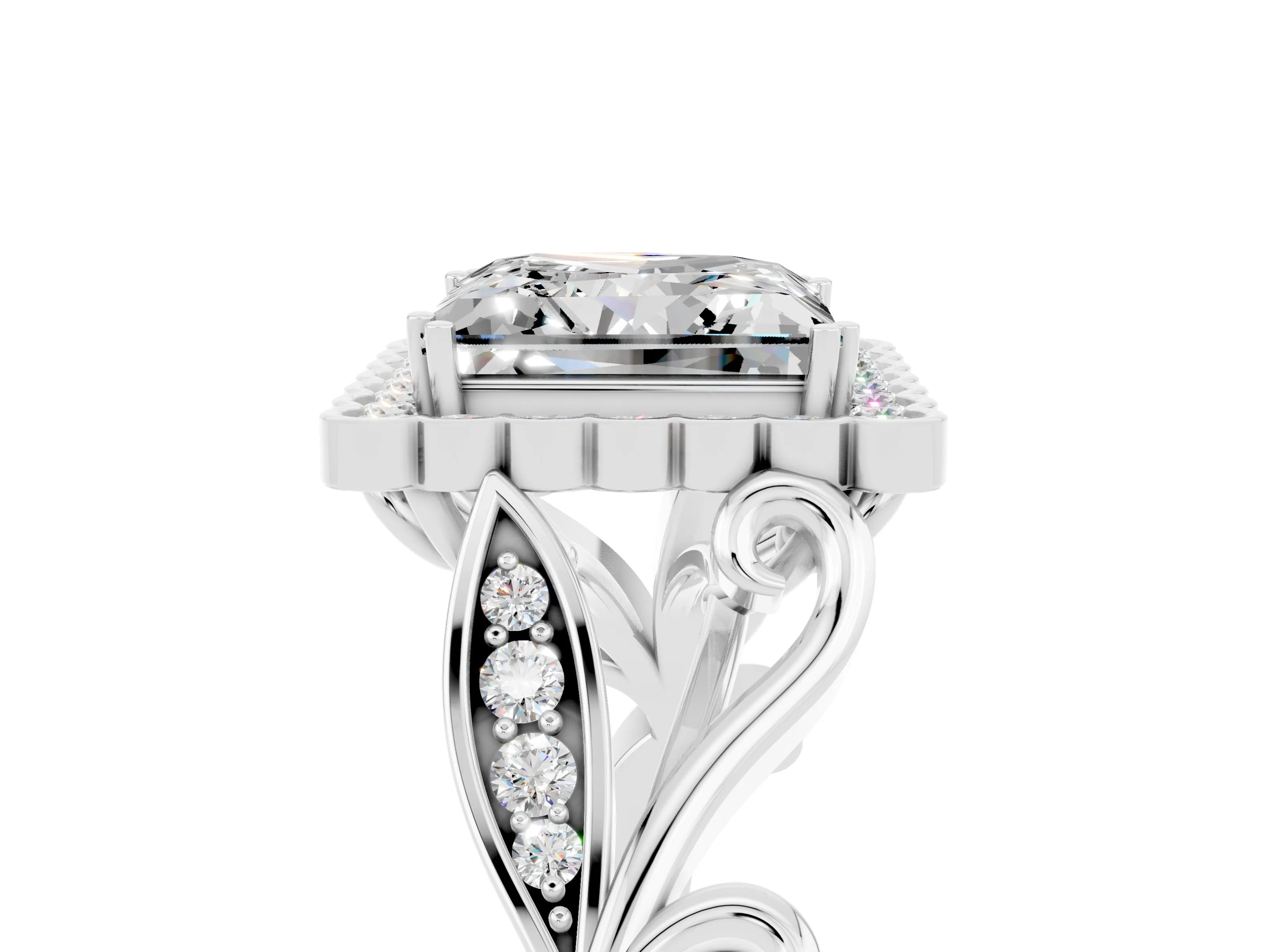 White gold Princess Cut Moissanite Halo Ring with Vintage Split Shank and Four-Prong Setting_29