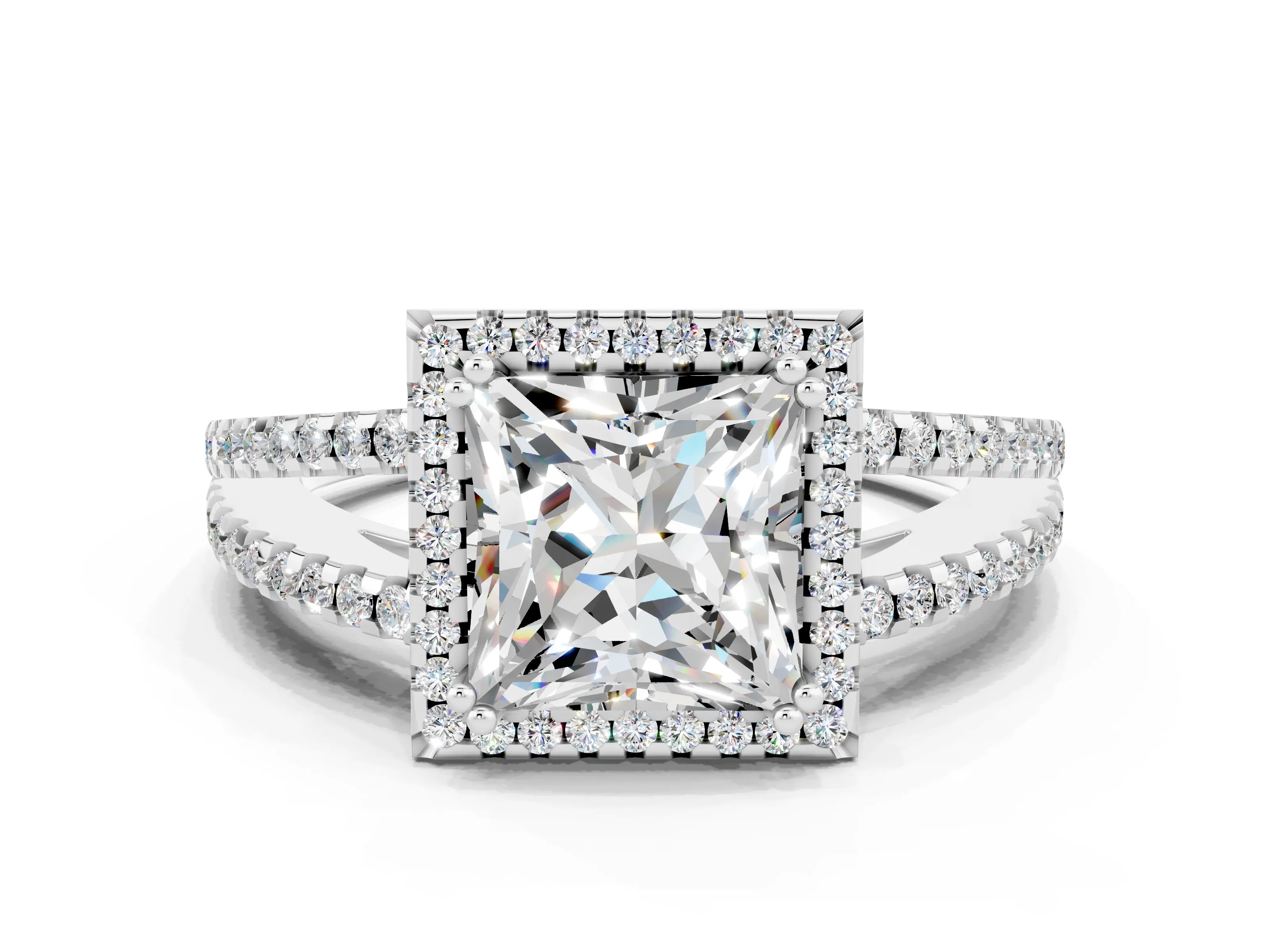 White gold Princess Cut Moissanite Halo Split Shank Engagement Ring_12