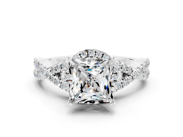Platinum Princess Cut Moissanite  Halo Twist Band Solitaire Prong Setting Ring