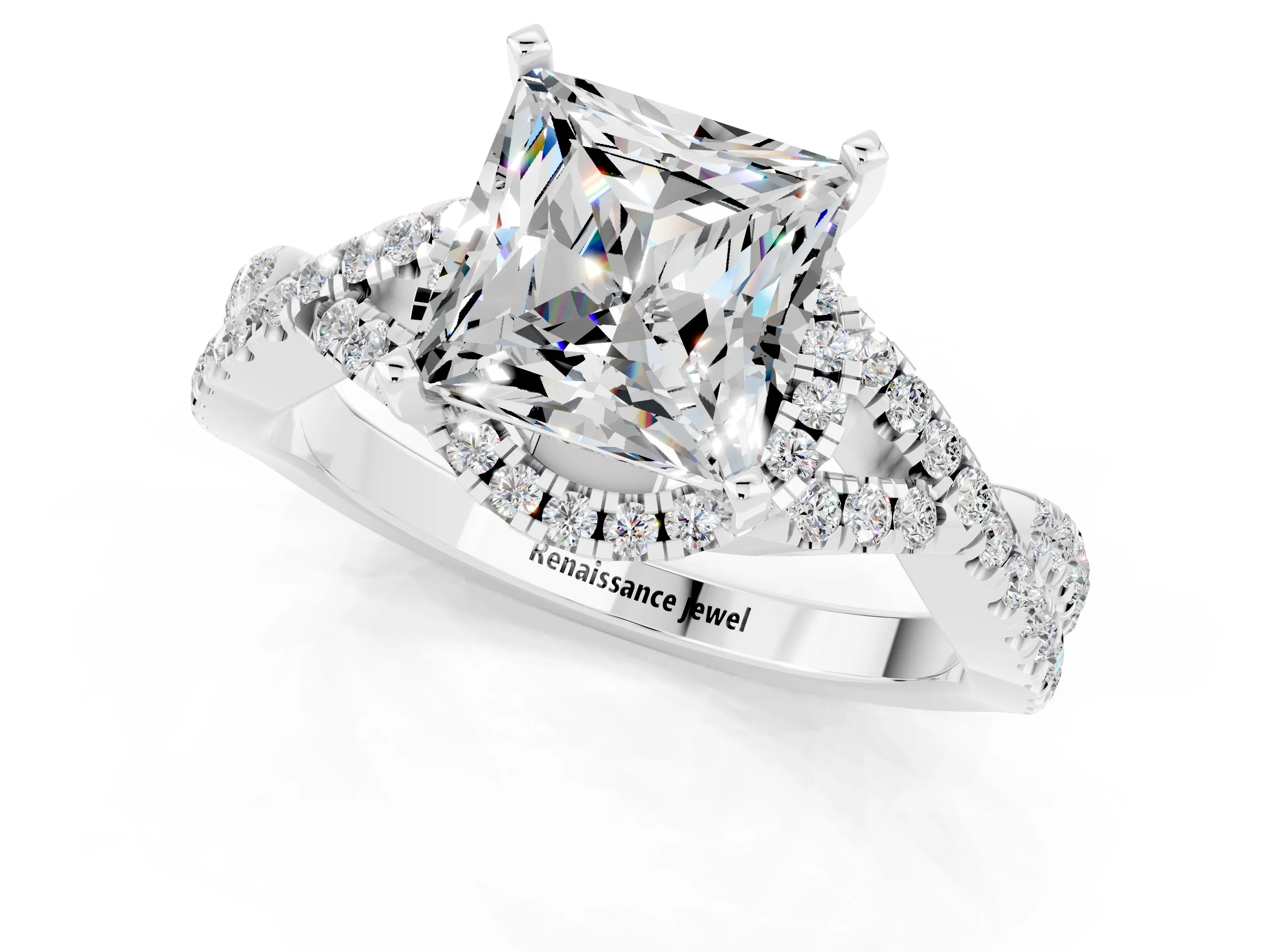 White gold Princess Cut Moissanite Halo Twist Band Solitaire Prong Setting Ring_1