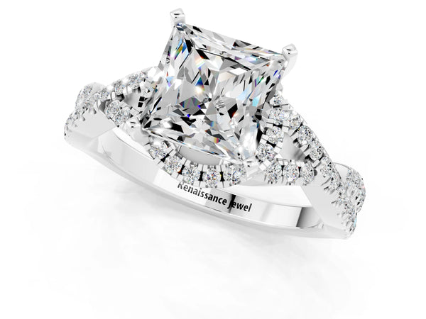 Silver Princess Cut Moissanite  Halo Twist Band Solitaire Prong Setting Ring