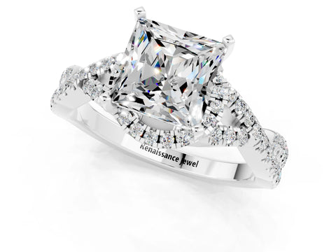White gold Princess Cut Moissanite Halo Twist Band Solitaire Prong Setting Ring_1
