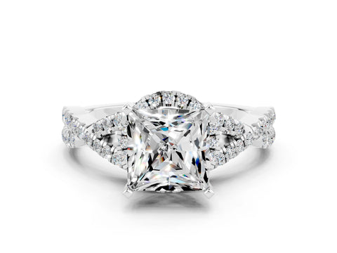 White gold Princess Cut Moissanite Halo Twist Band Solitaire Prong Setting Ring
