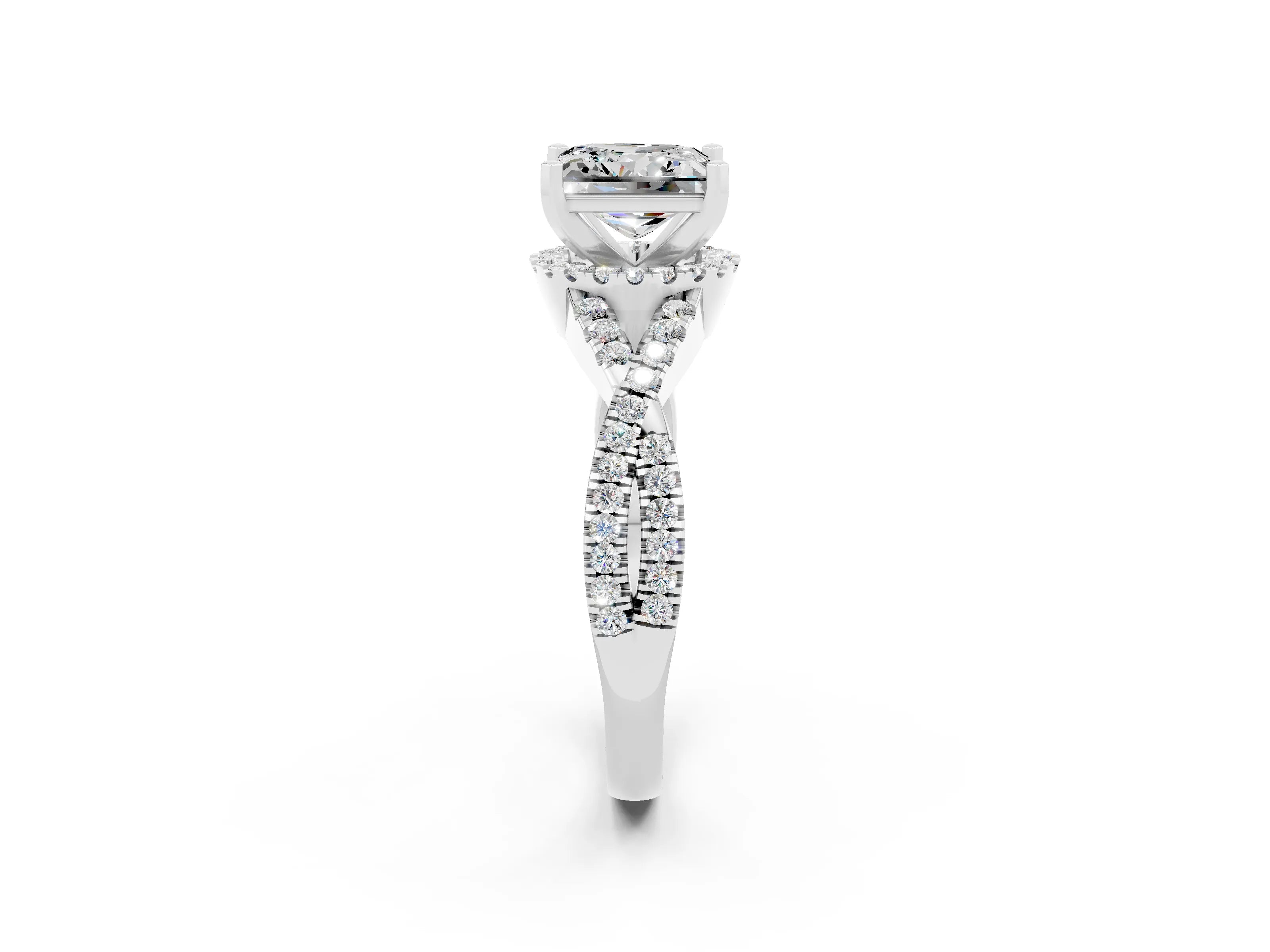 White gold Princess Cut Moissanite Halo Twist Band Solitaire Prong Setting Ring_2