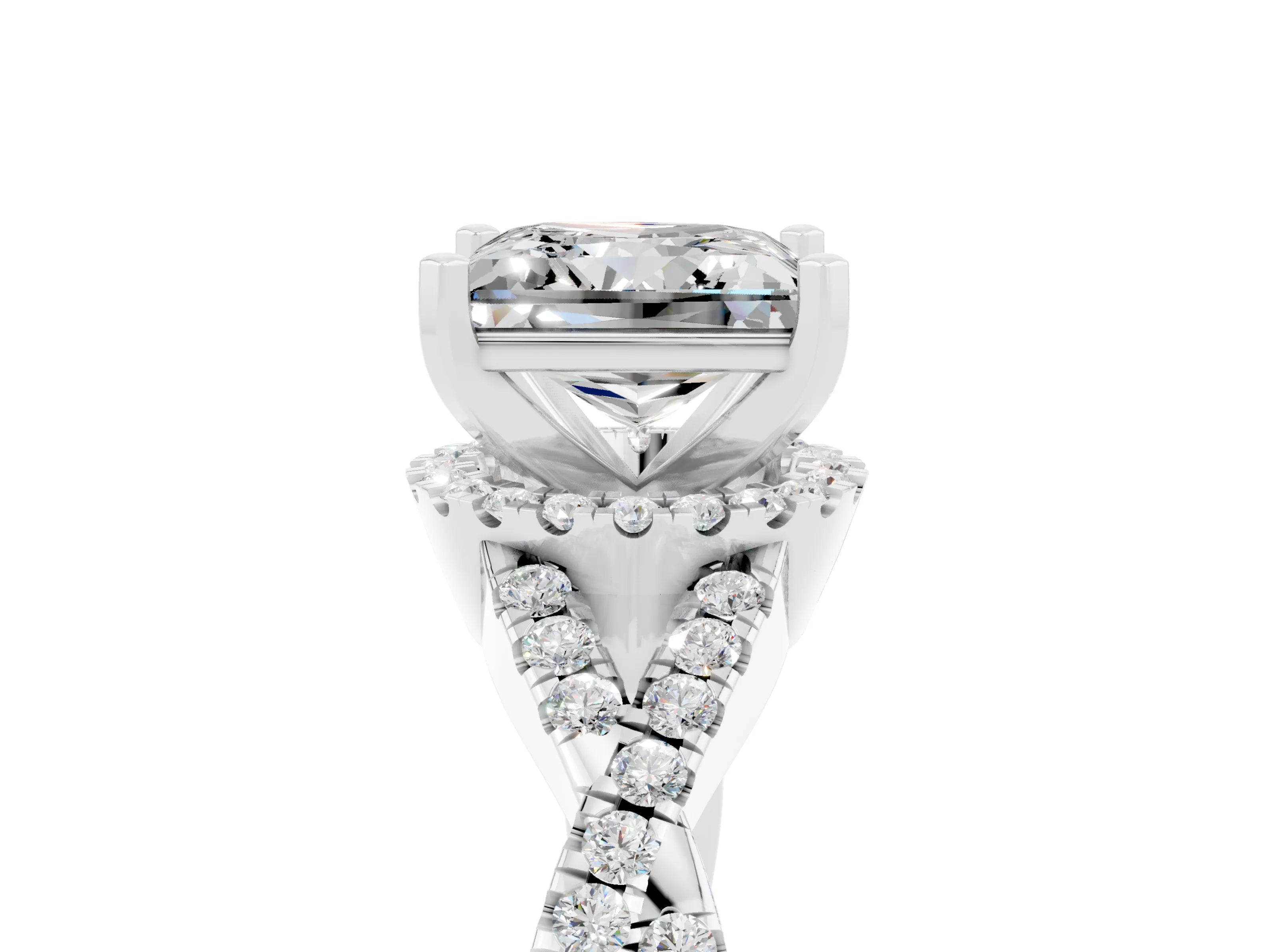 White gold Princess Cut Moissanite Halo Twist Band Solitaire Prong Setting Ring_5